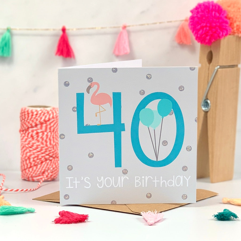 40th Blue Flamingo and Balloon Birthday Card
