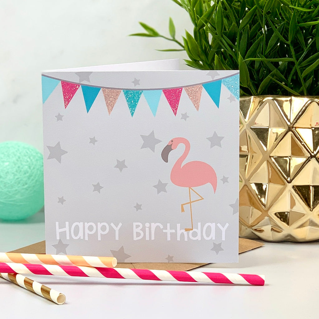 Bunting Glitter Flamingo Birthday Card