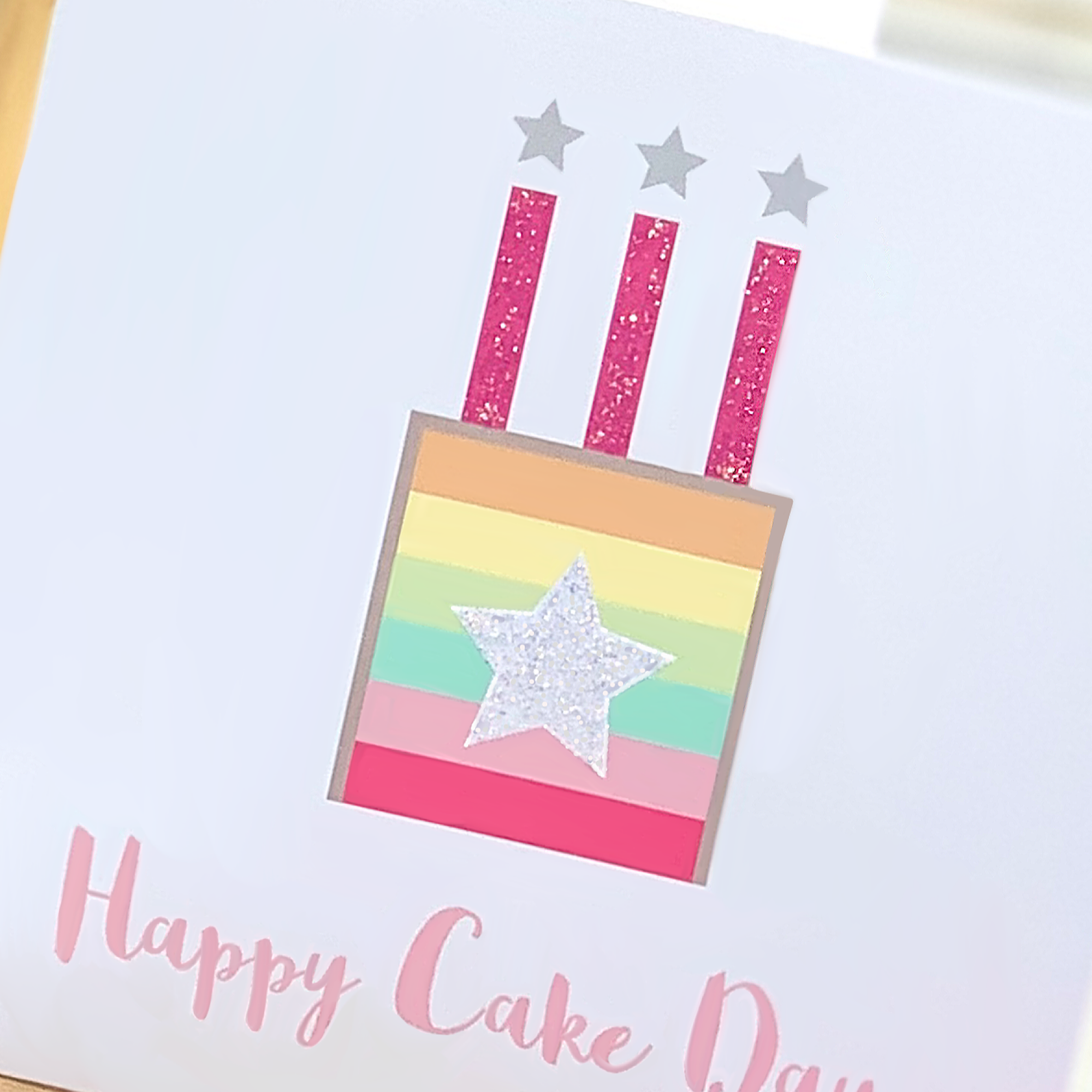 Glittery Pink Happy Birthday Cake Card with Candles