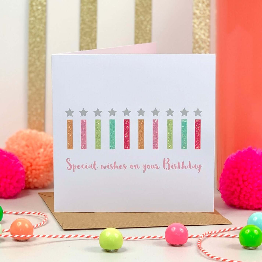 Happy Birthday Glitter Card with Colourful Candles