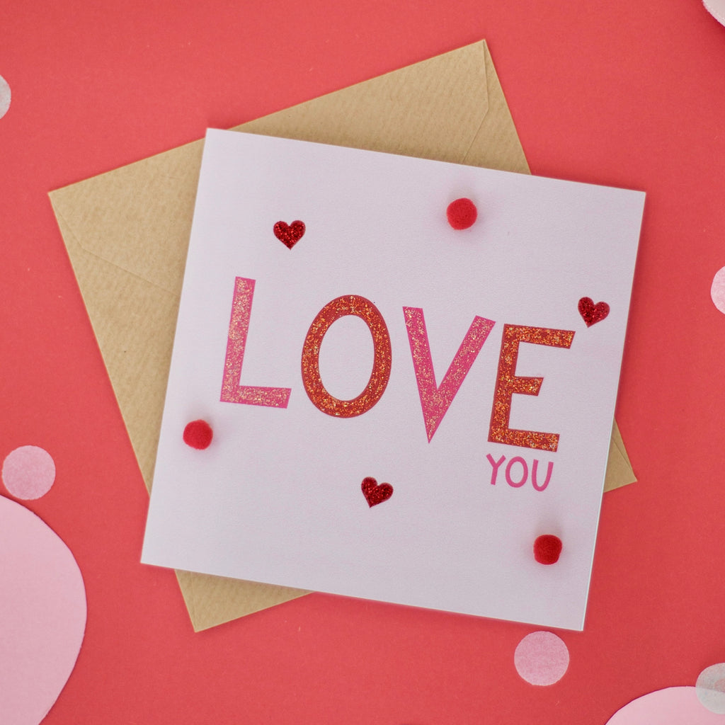 Valentines Day Glitter Card with Hearts and Pom Poms