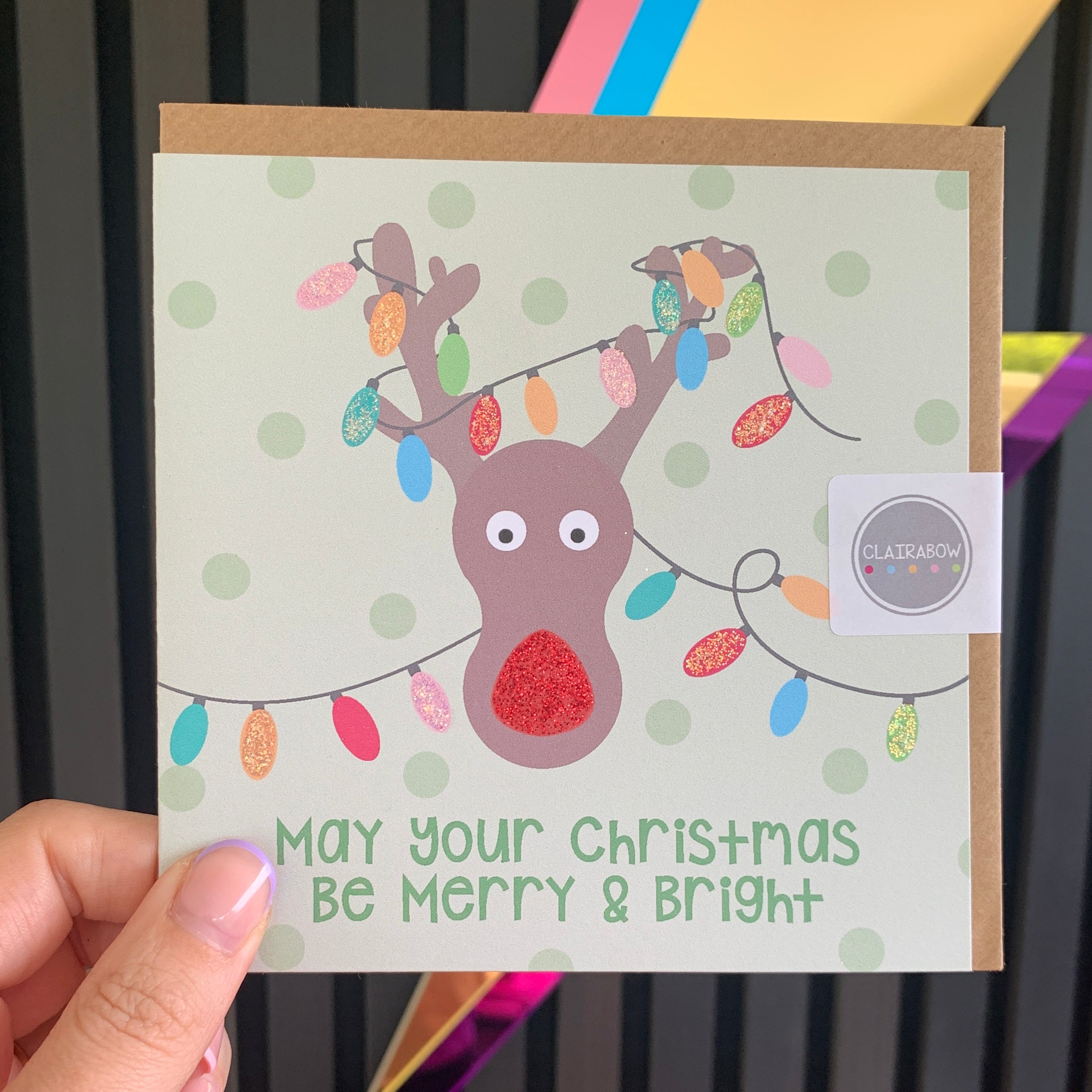 Rudolph Glittery Nosed Reindeer Christmas Card