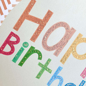 Colourful Rainbow Chevron Birthday Card with Glittered 'Happy Birthday'