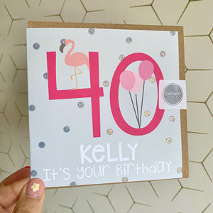 Pink Flamingo and Balloons 40th Birthday Card