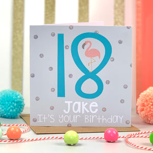 Personalised 18th Flamingo Blue Birthday Card