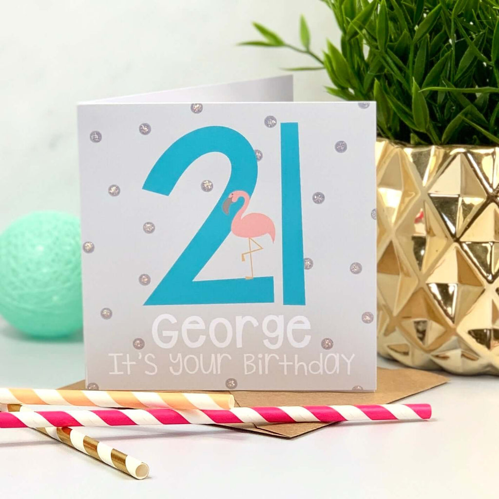Personalised 21st Flamingo Blue Birthday Card