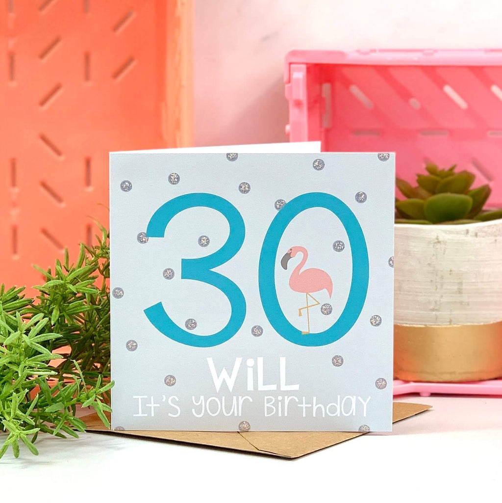 Personalised 30th Flamingo Blue Birthday Card
