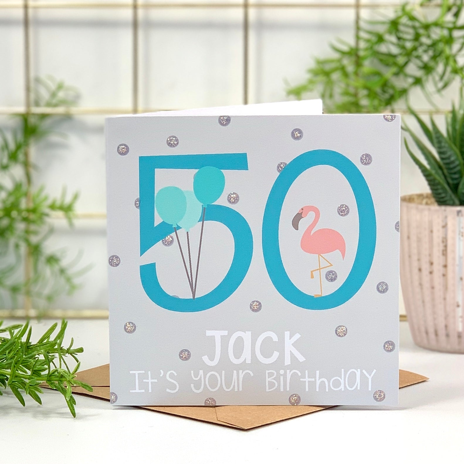 Personalised 50th Flamingo Blue Birthday Card