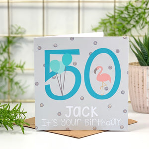 Personalised 50th Flamingo Blue Birthday Card