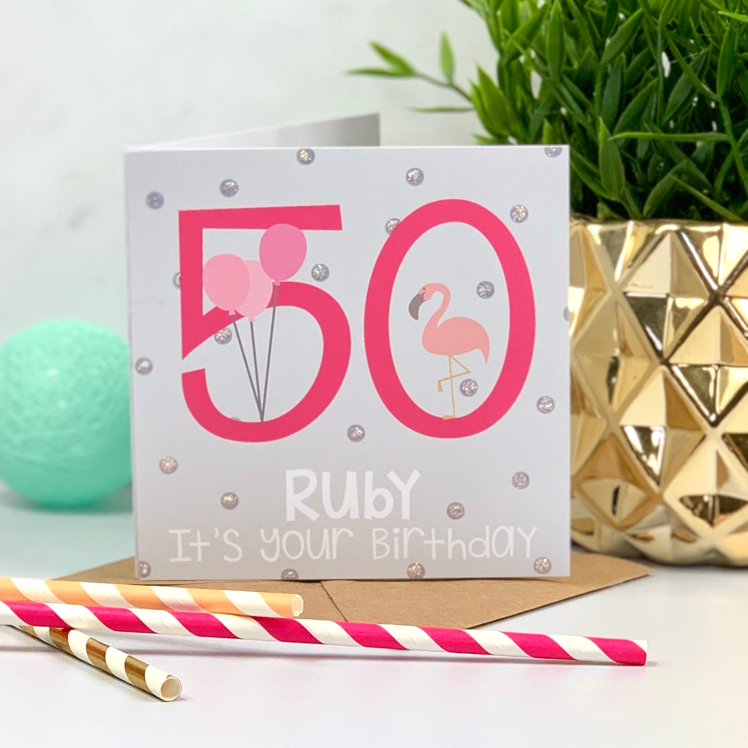 Personalised 50th Flamingo Hot Pink Birthday Card