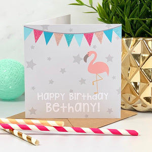 Personalised Bunting Glitter Flamingo Birthday Card