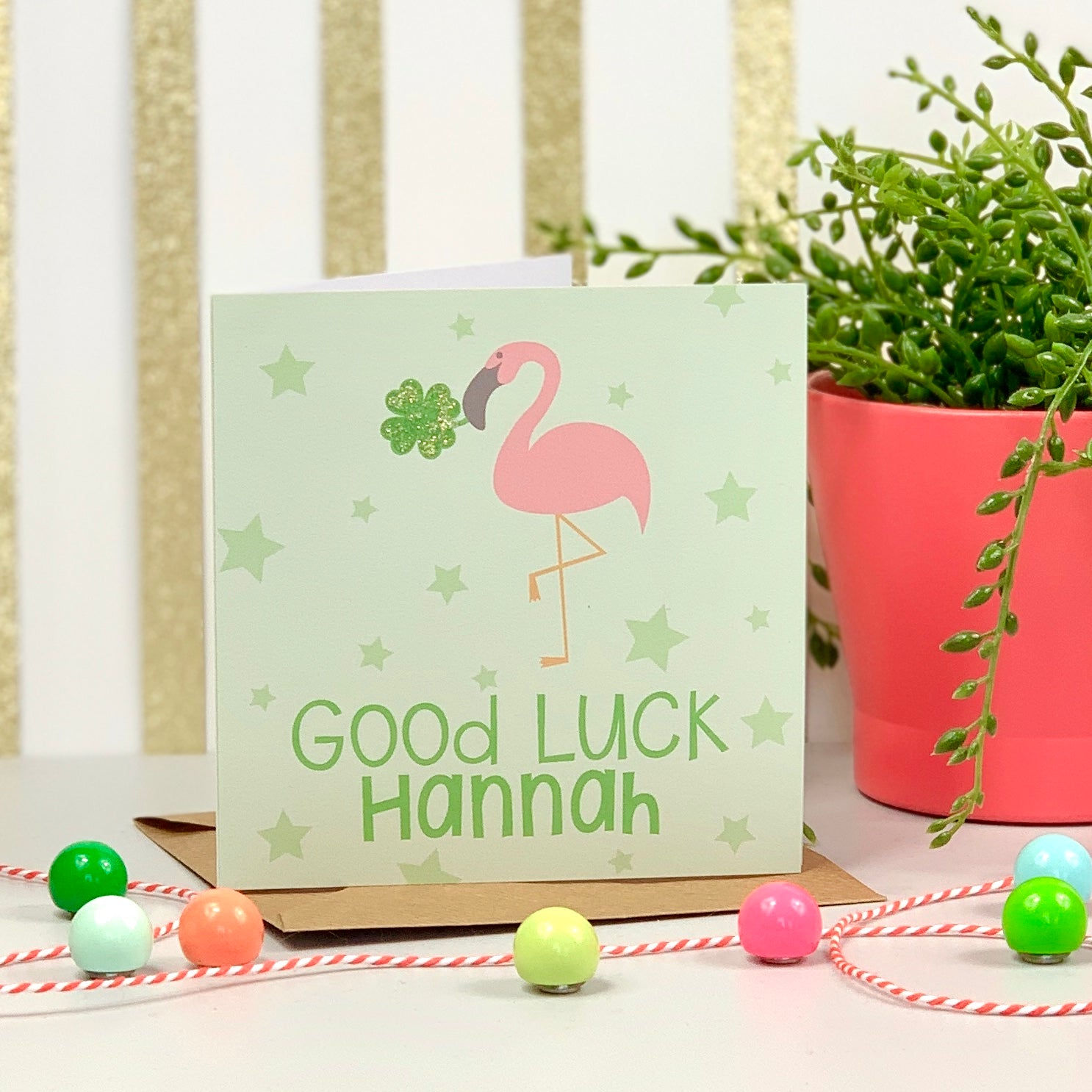 Personalised Good Luck Flamingo Card