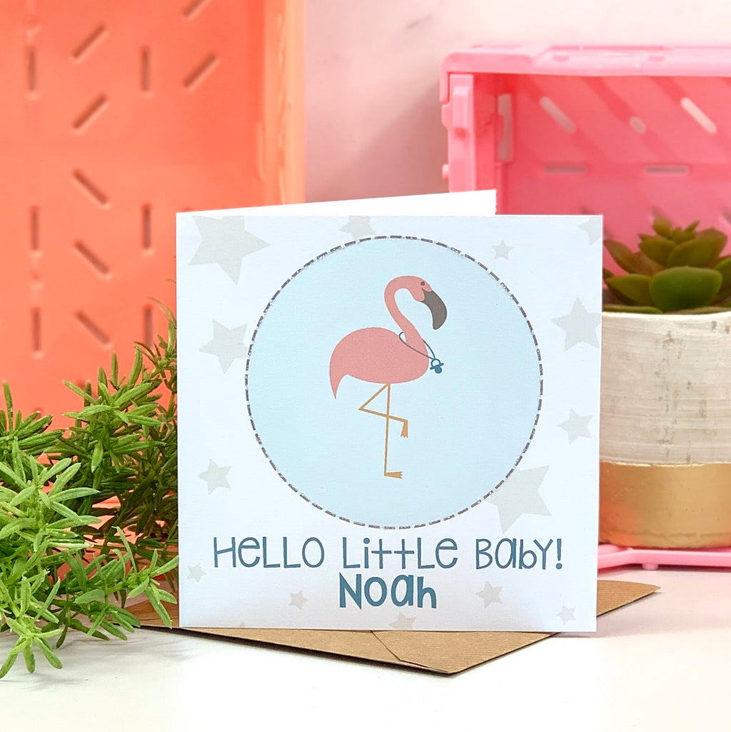 Personalised New Baby Blue Flamingo Card