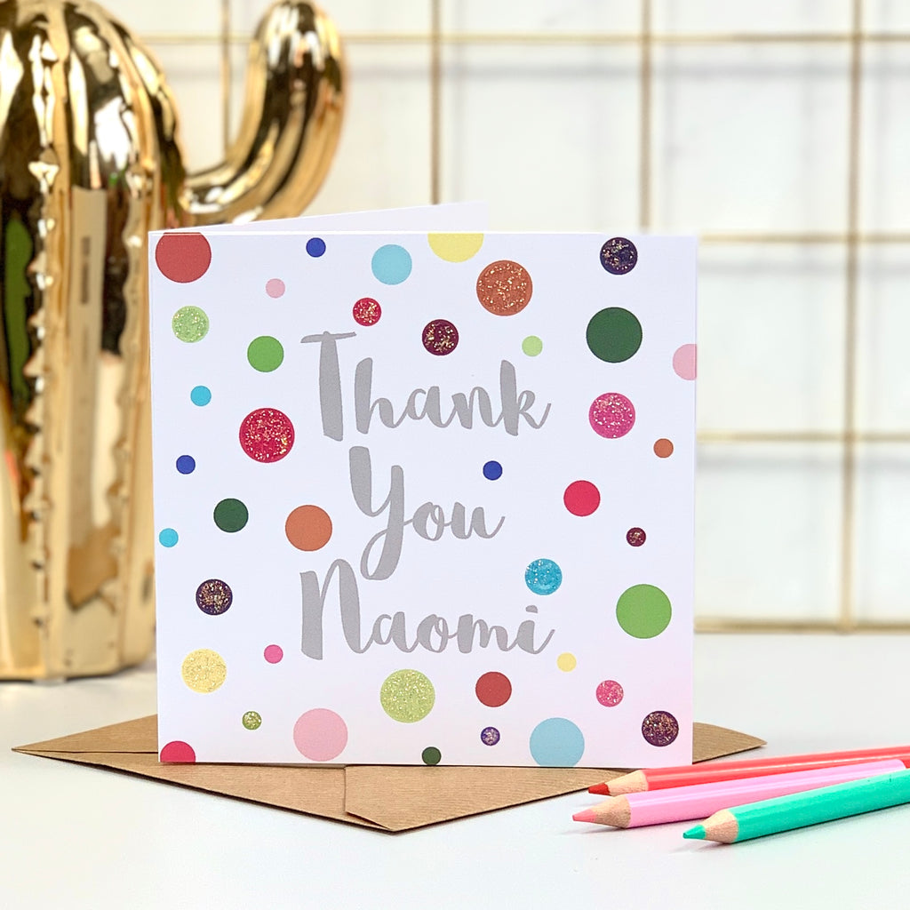 Personalised Thank You Card with Glitter and Spots