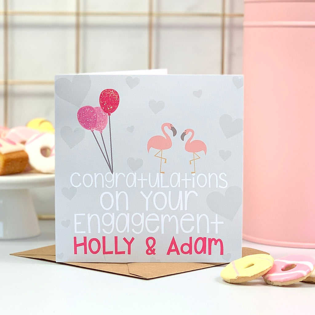 Personalised Engagement Balloon Flamingo Card