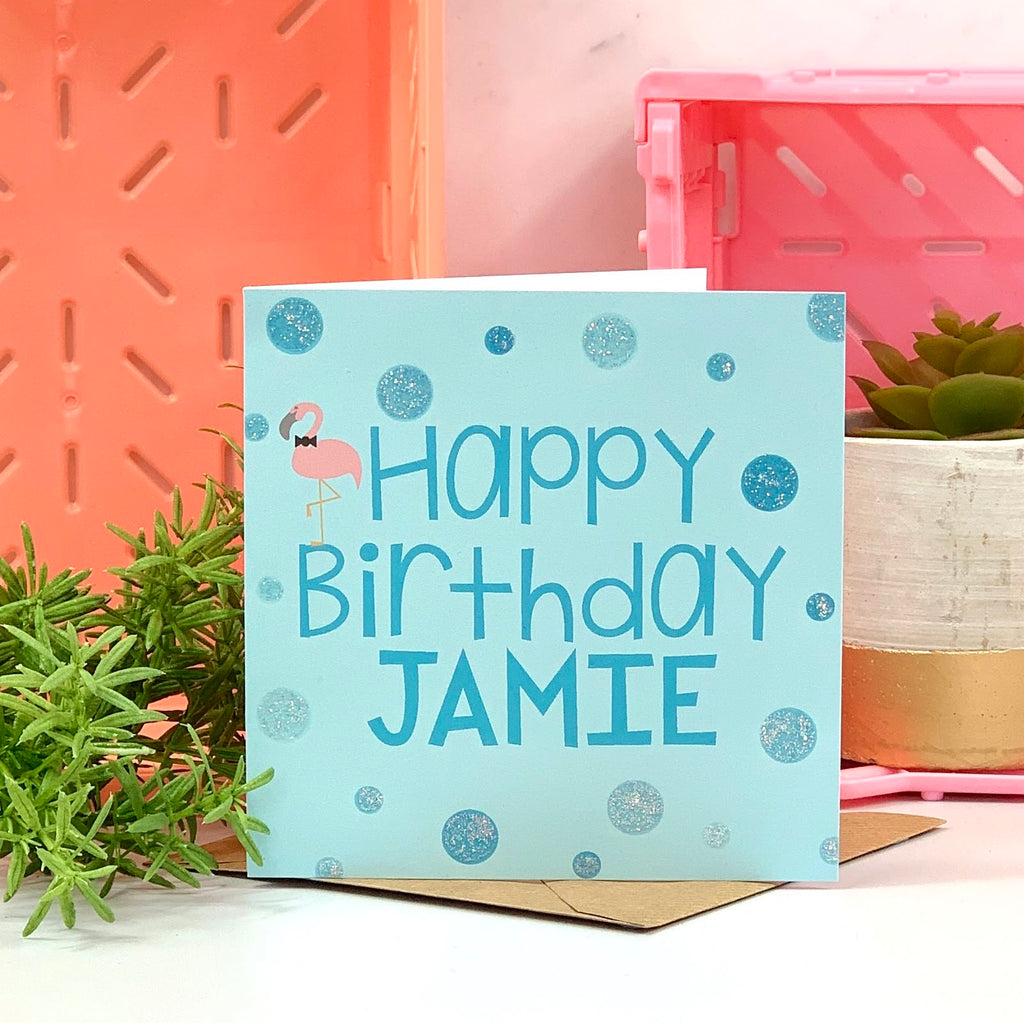 Personalised Glittery Blue Flamingo Birthday Card with Bow Tie