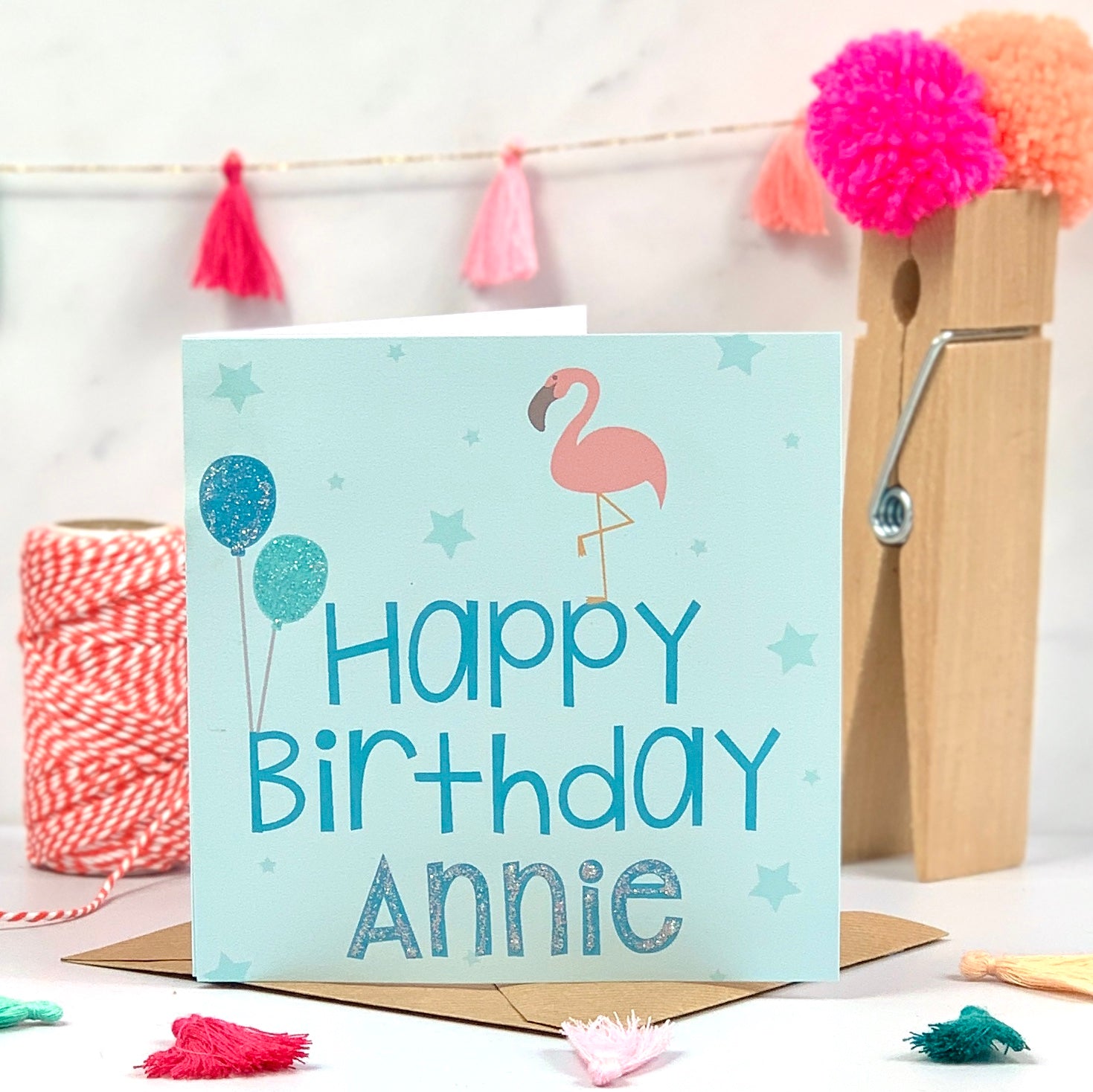Personalised Happy Birthday Blue Flamingo Card