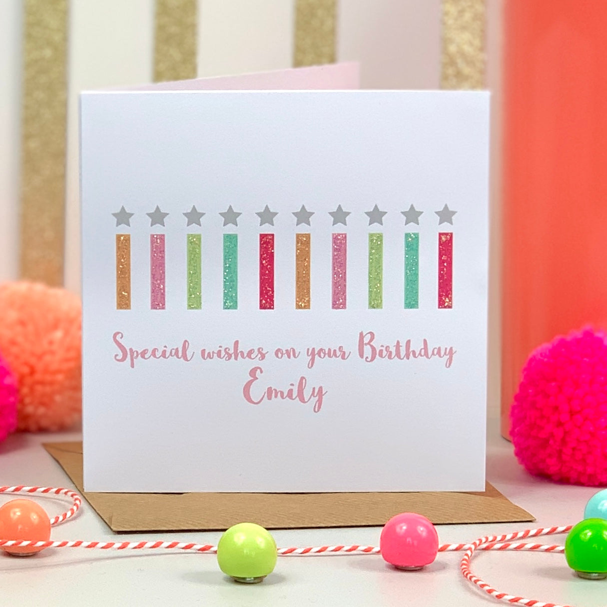 Personalised Happy Birthday Glitter Card with Colourful Candles