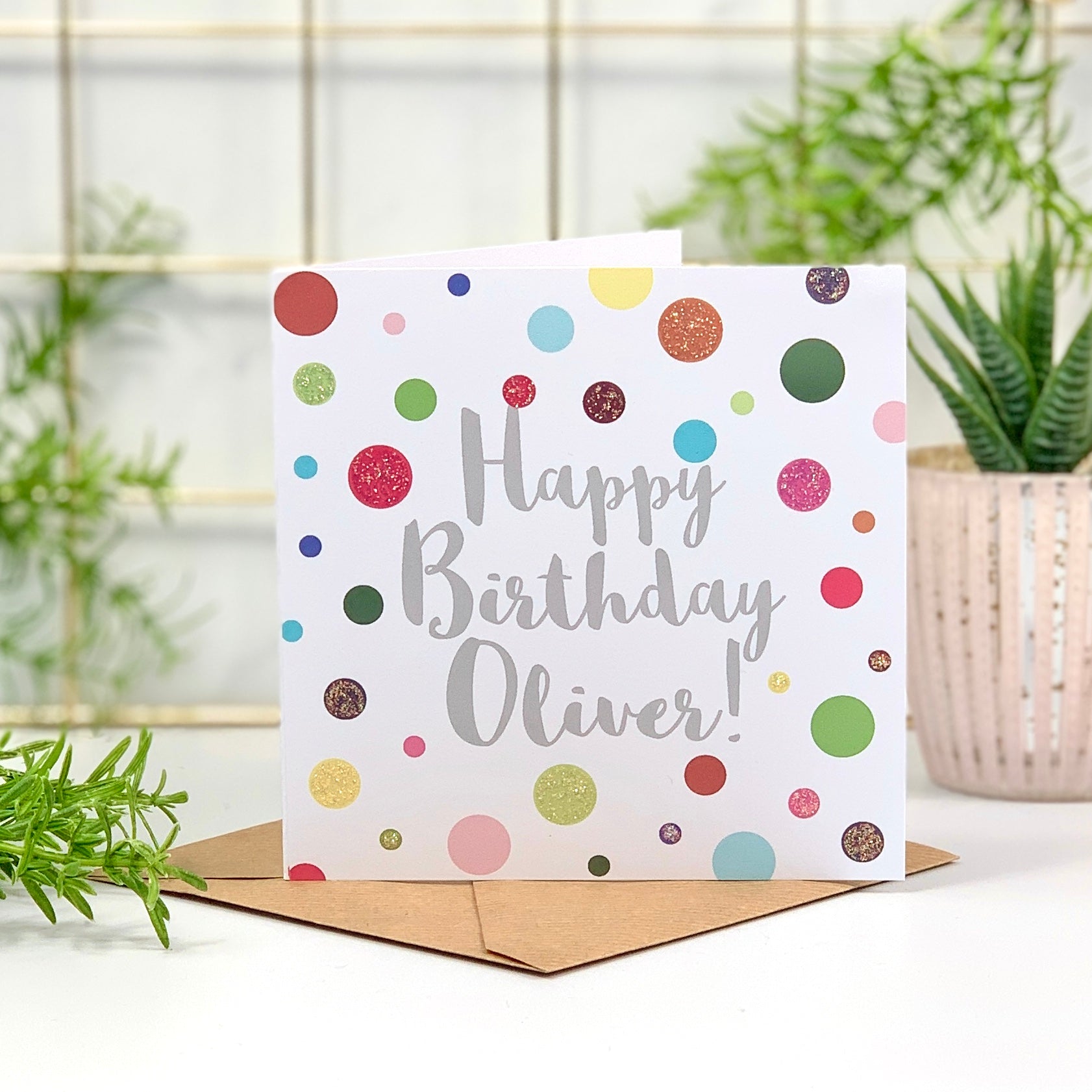 Personalised Happy Birthday Glitter Card with Colourful Spots
