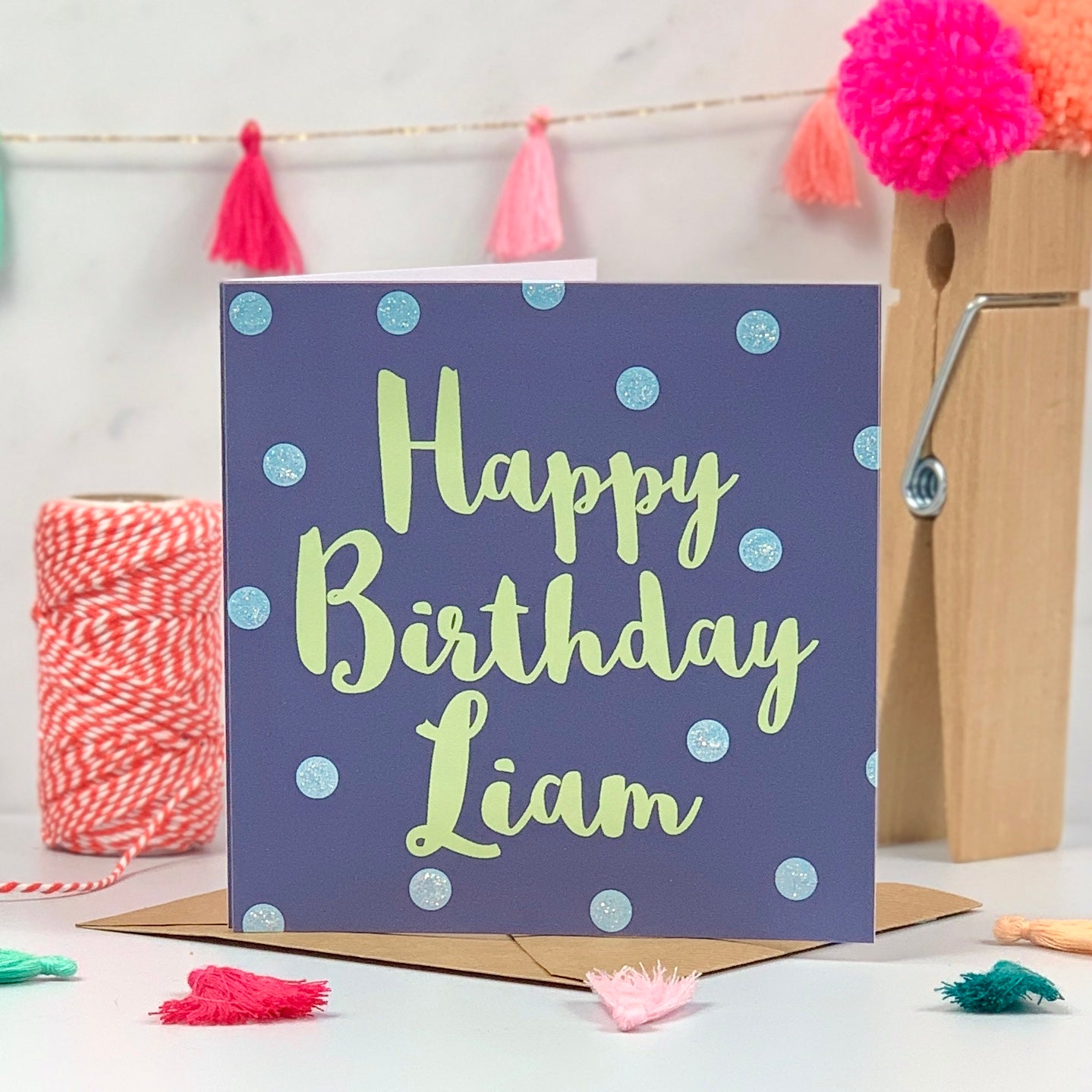Personalised Navy Blue Birthday Card with Glittery Light Blue Spots
