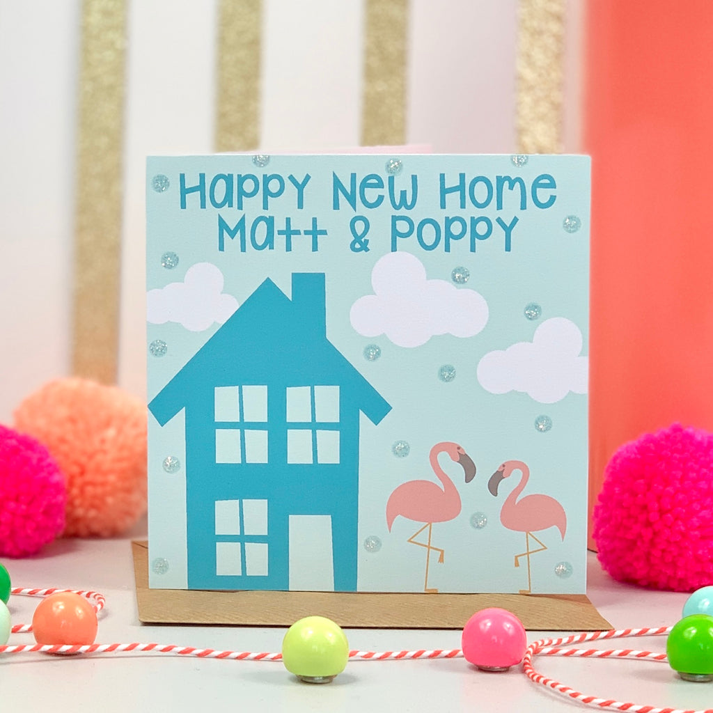 Personalised New Home Blue Flamingo Card