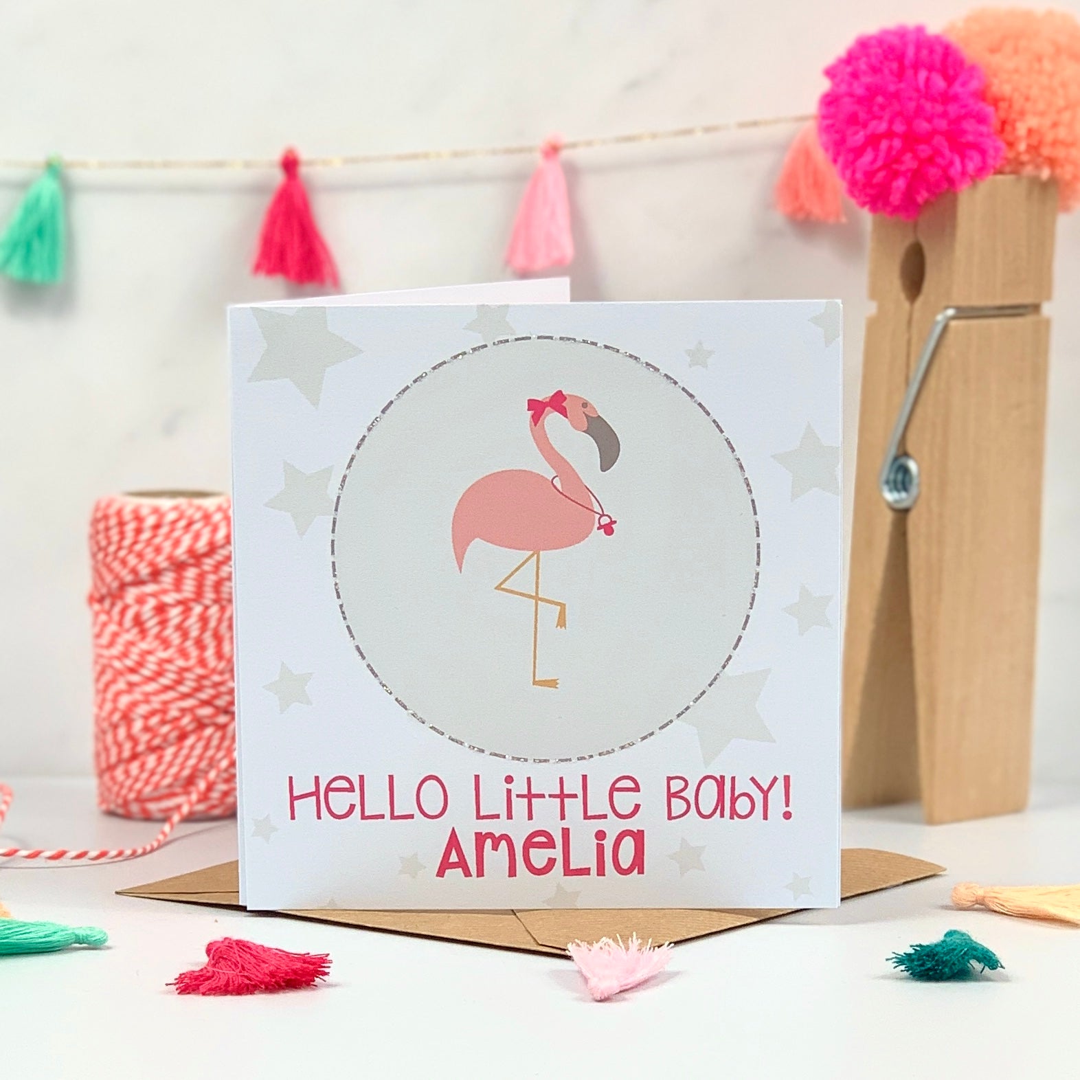 Personalised Pink New Baby Flamingo Card