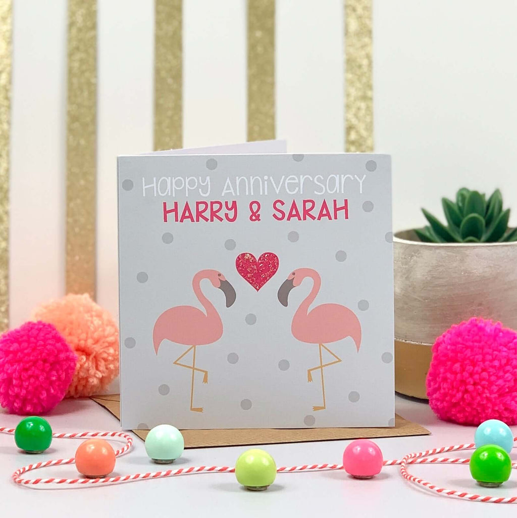 Personalised Wedding Anniversary Card with Flamingoes and Glittery Heart