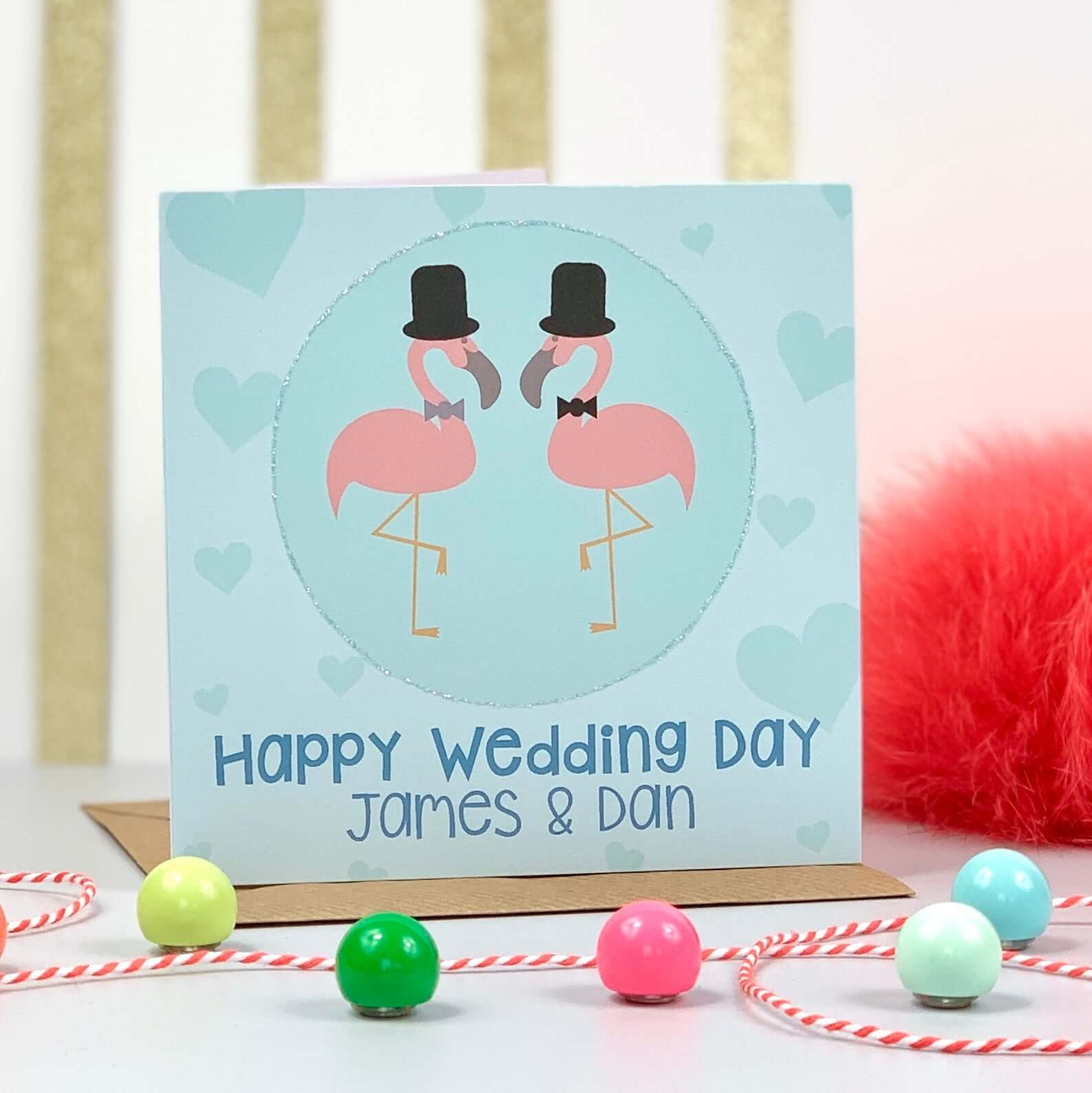 Personalised Wedding Card with Mr and Mr Flamingo Couple