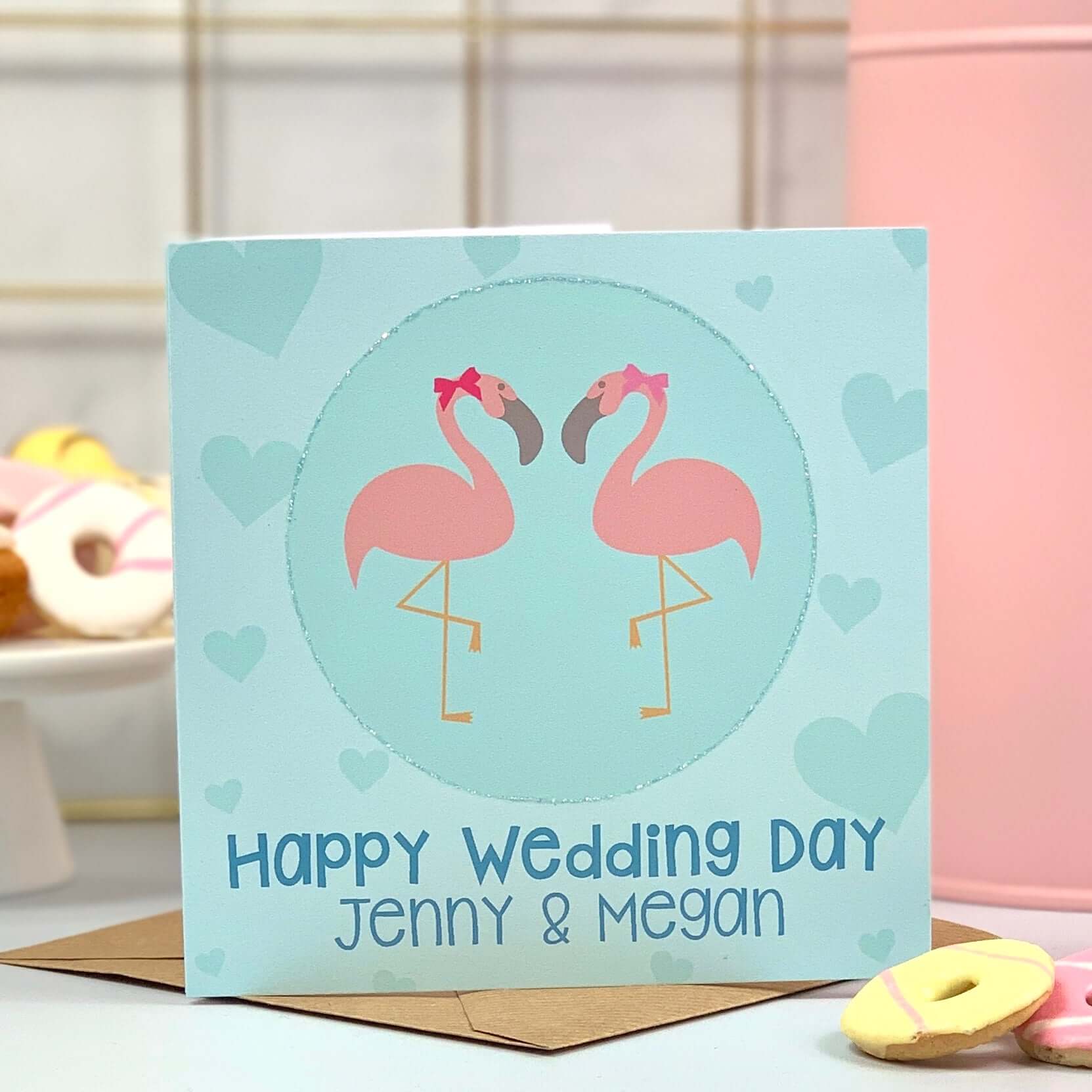 Personalised Wedding Card with Mrs and Mrs Flamingo