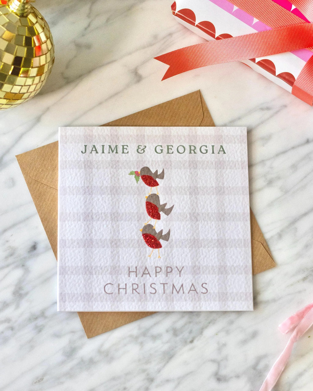 Personalised Robin Christmas Card with Glitter