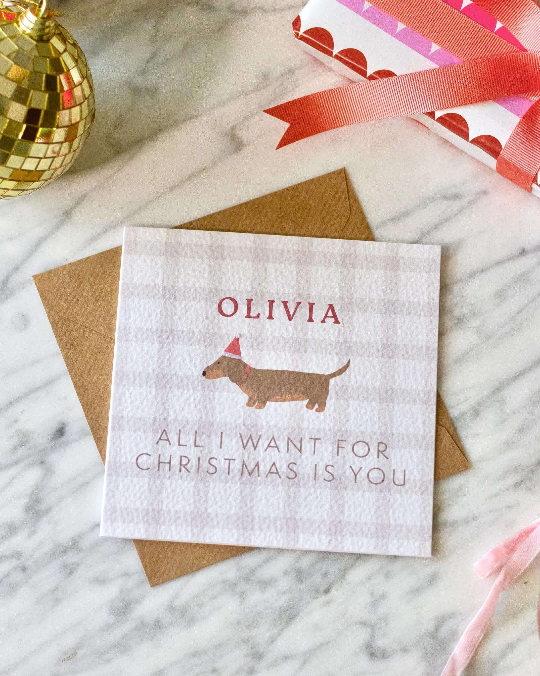 Personalised Sausage Dog Christmas Card with Glitter
