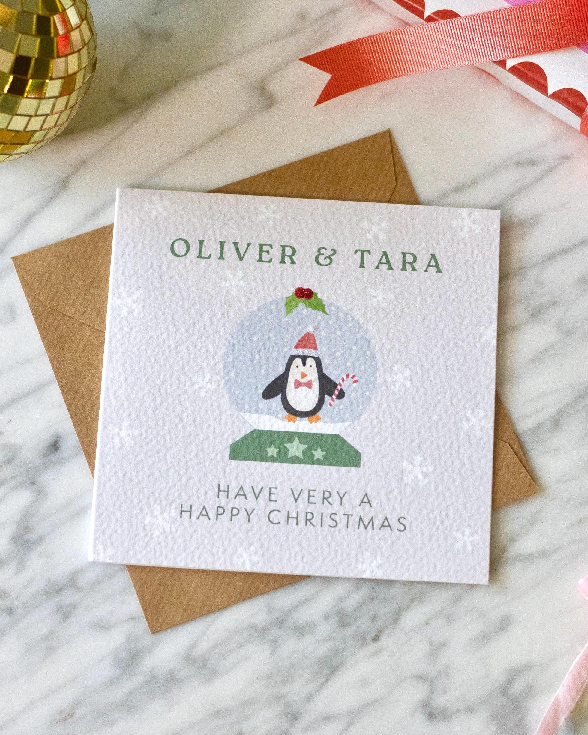 Personalised Penguin Snow Globe Christmas Card with Glitter