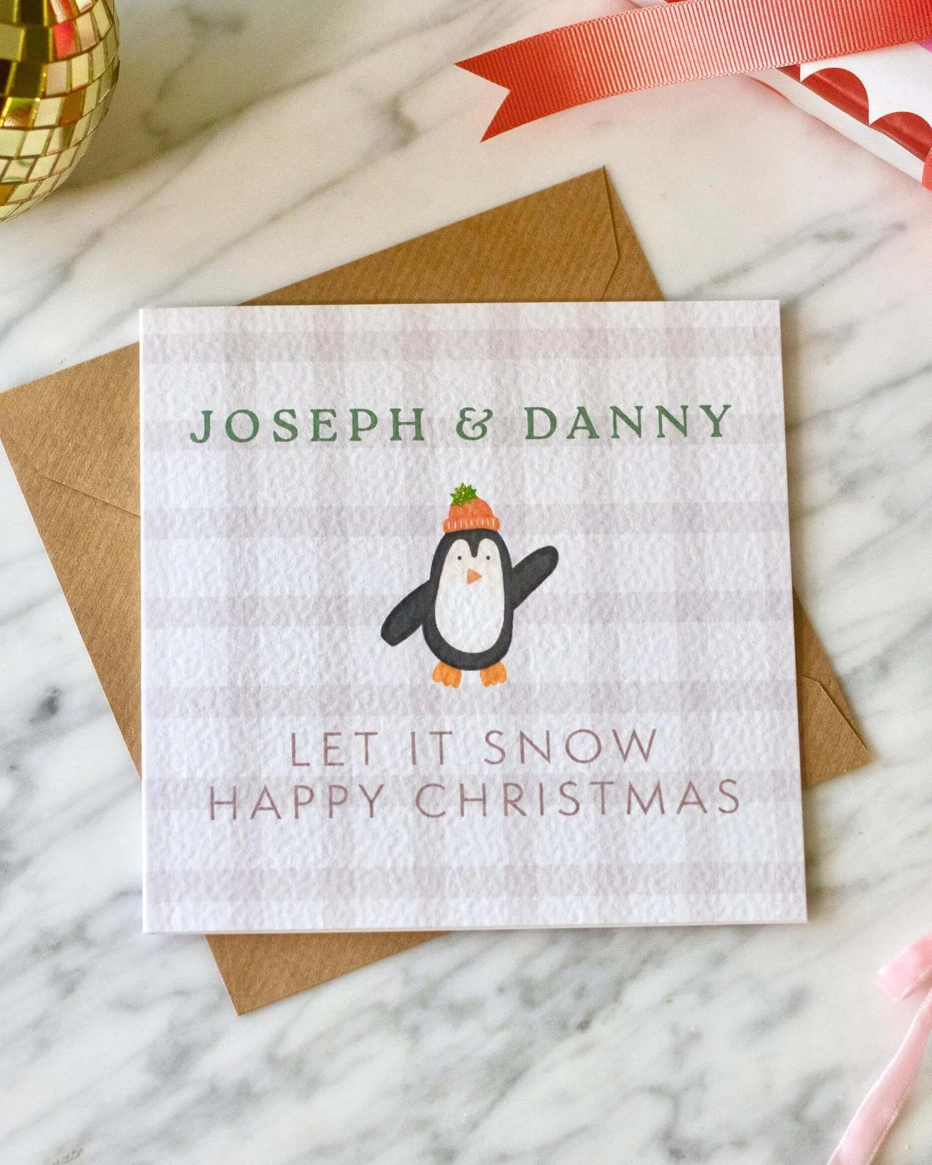 Personalised Penguin Christmas Card with Glitter
