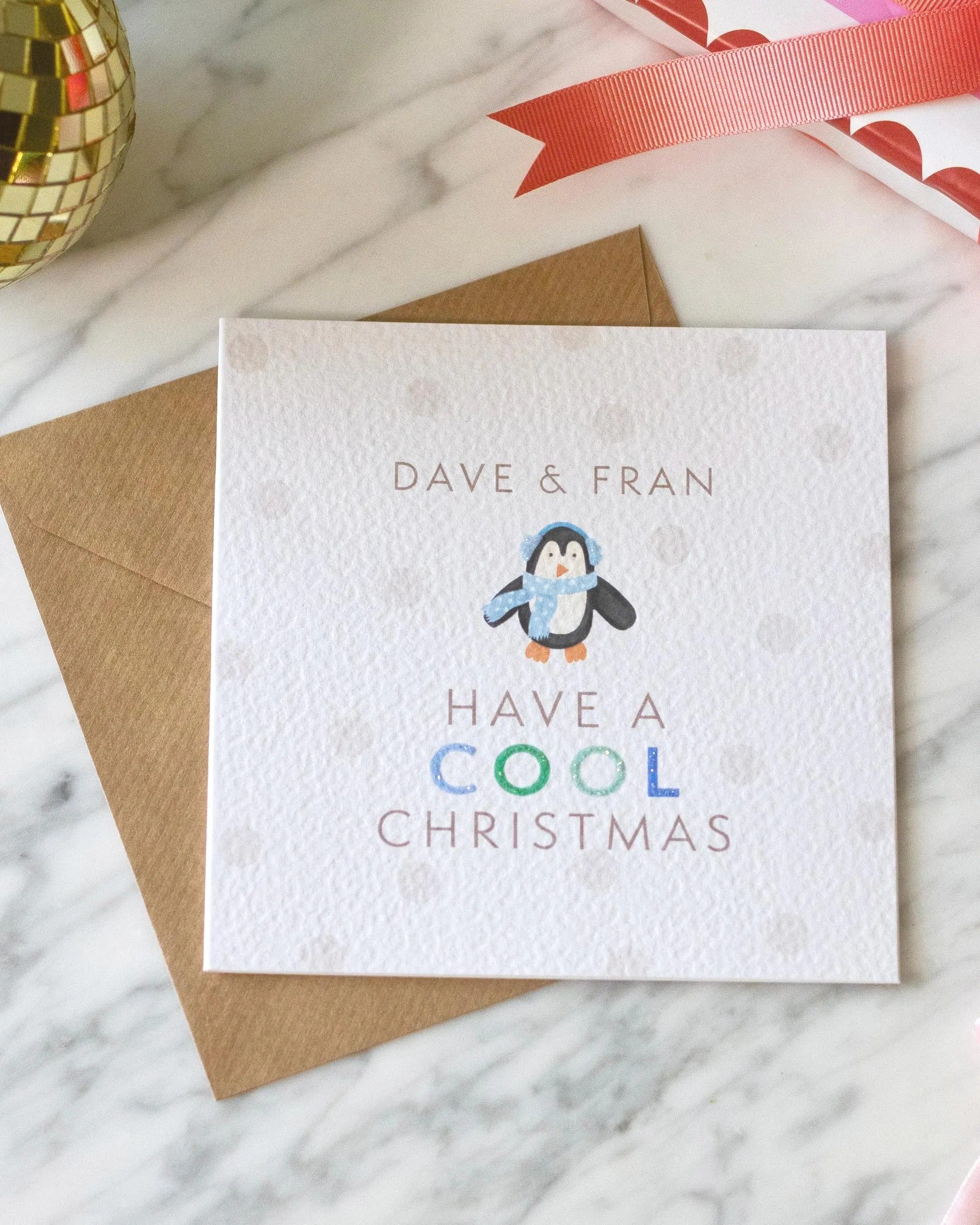 Personalised Penguin Christmas Card with Glitter