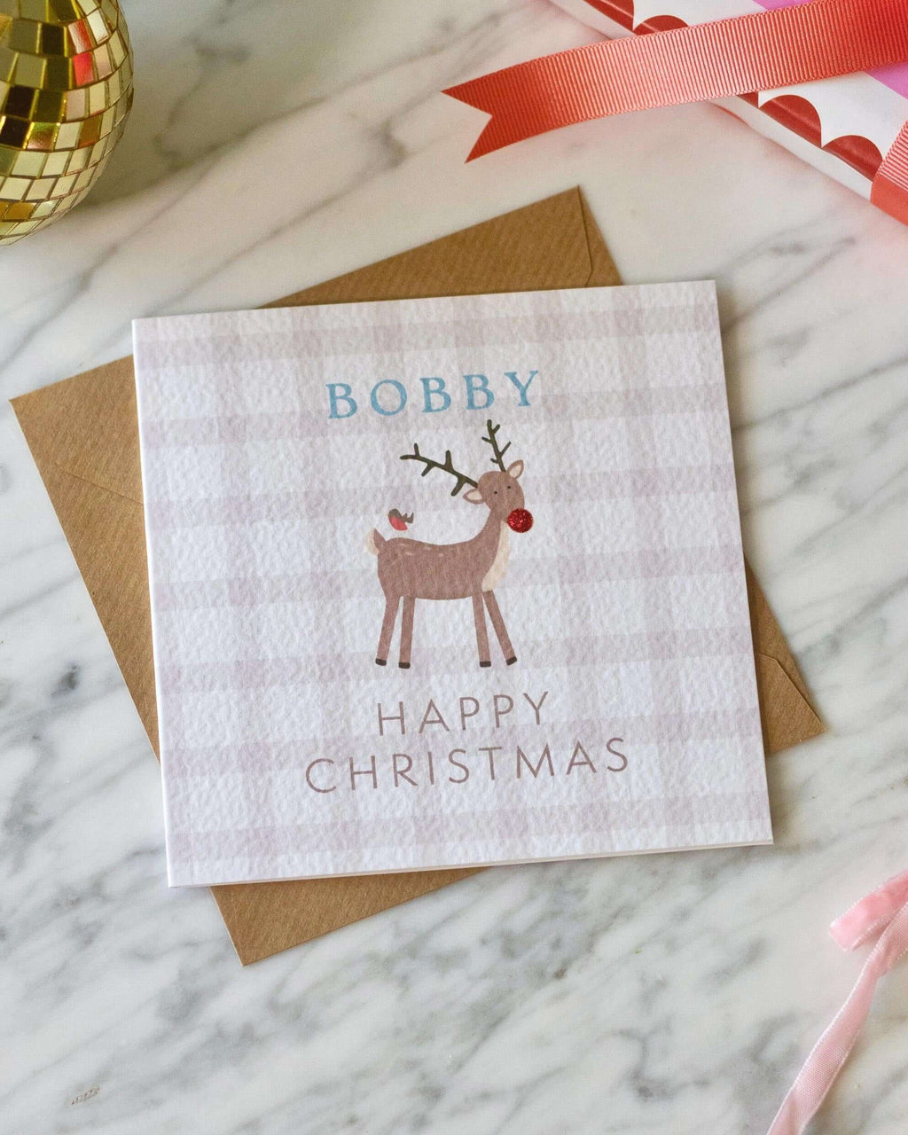 Personalised Rudolph Christmas Card with Glitter