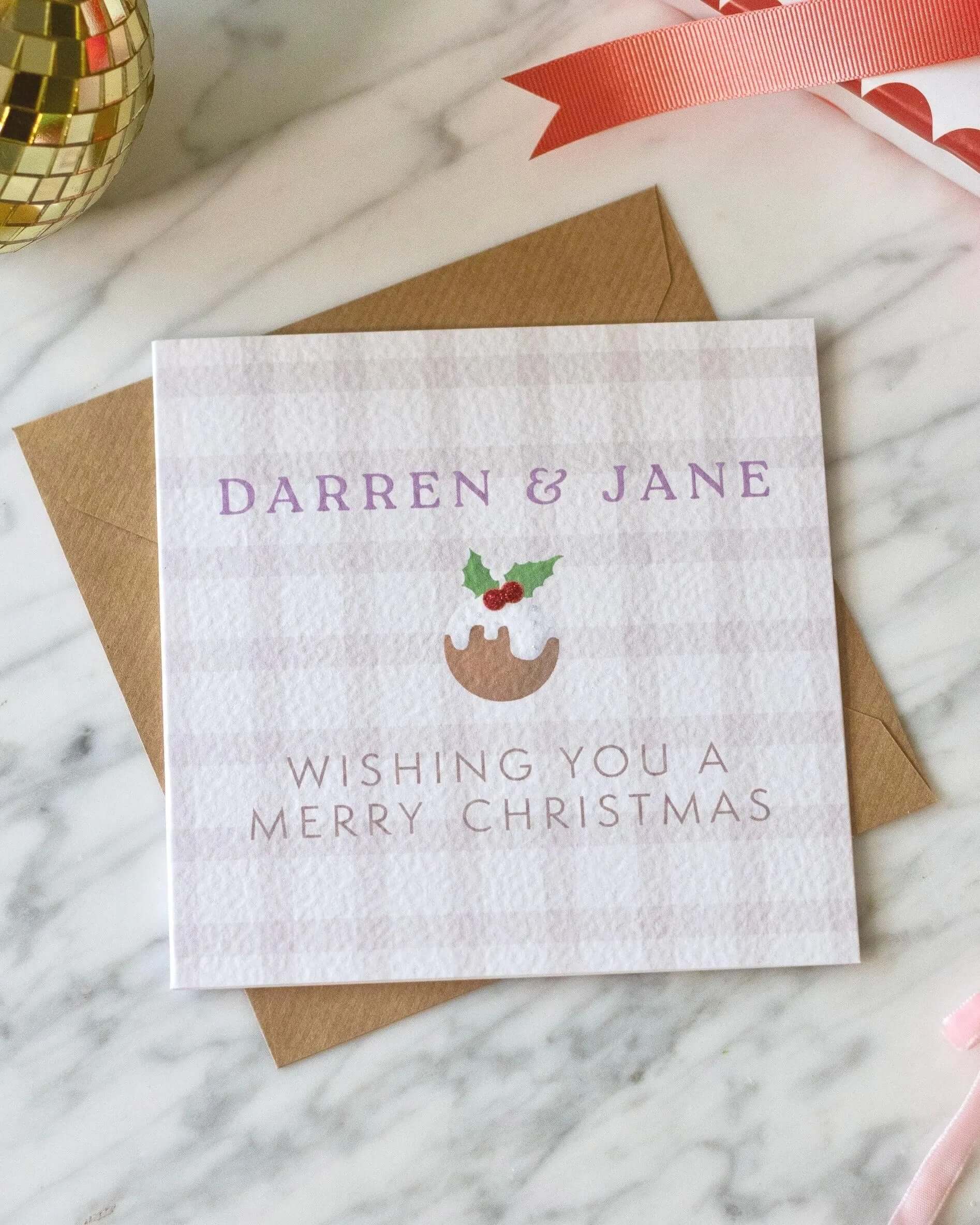Personalised Christmas Pudding Card with Glitter