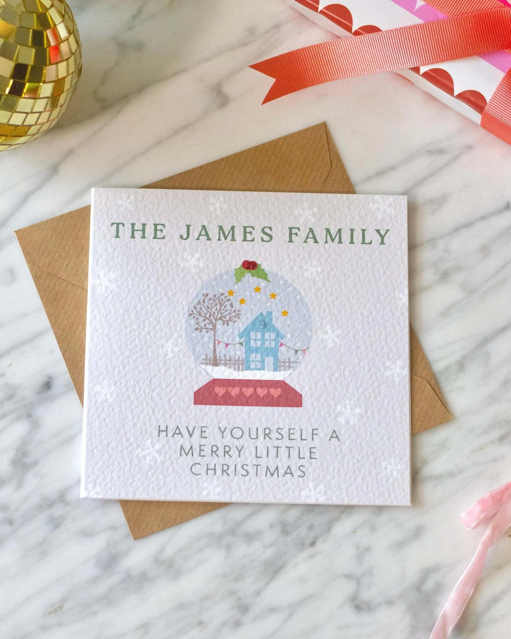 Personalised Snow Globe House Scene Christmas Card with Glitter