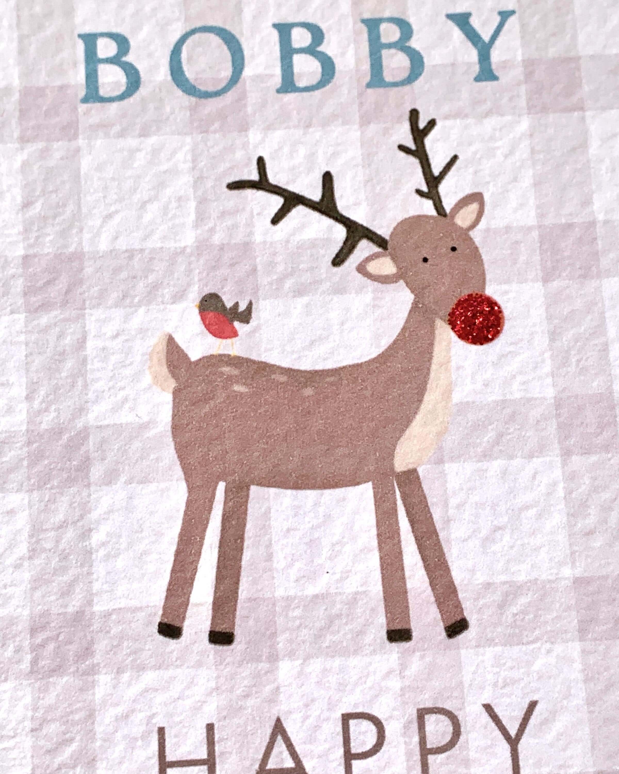 Personalised Rudolph Christmas Card with Glitter