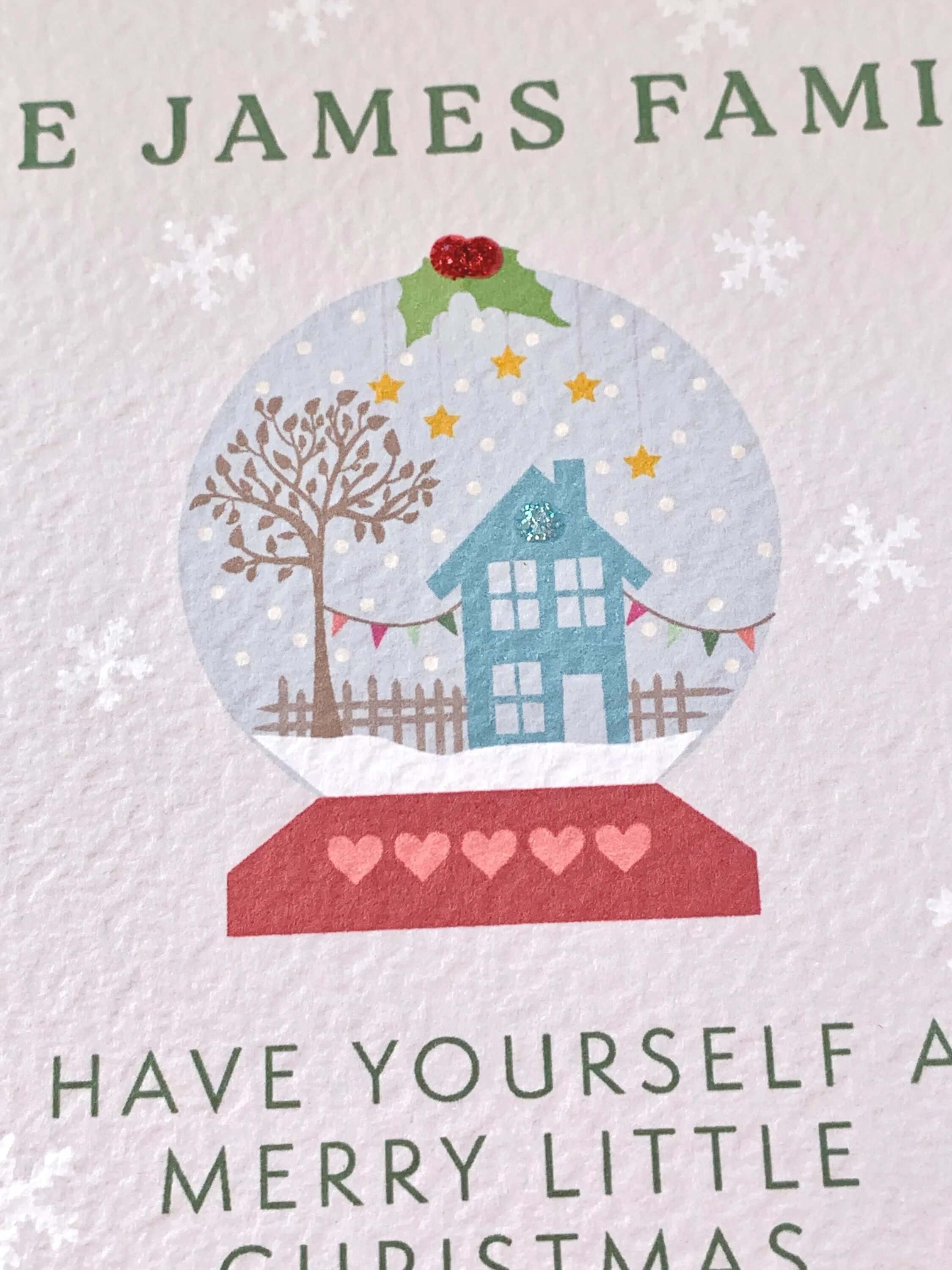 Personalised Snow Globe House Scene Christmas Card with Glitter