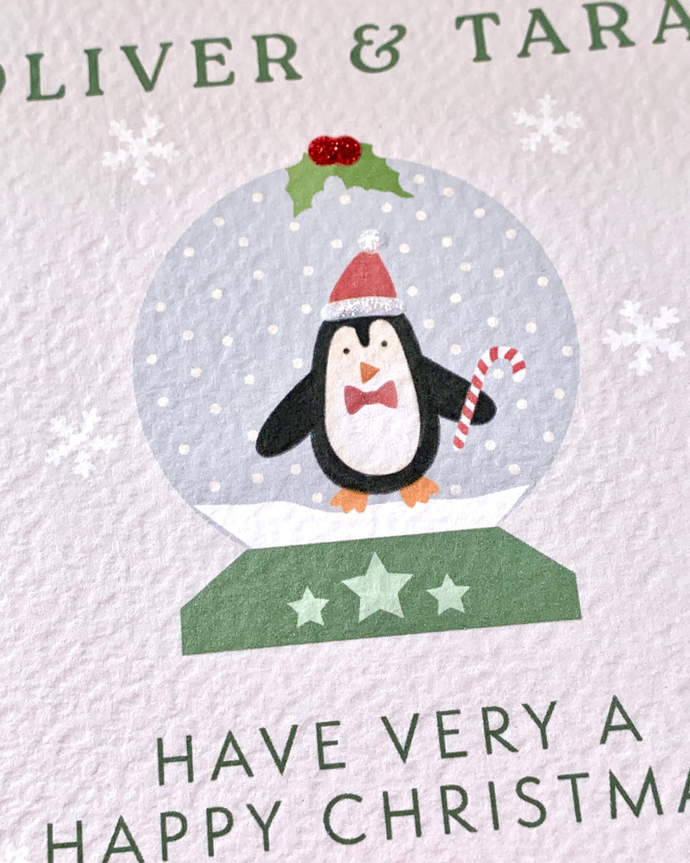 Personalised Penguin Snow Globe Christmas Card with Glitter