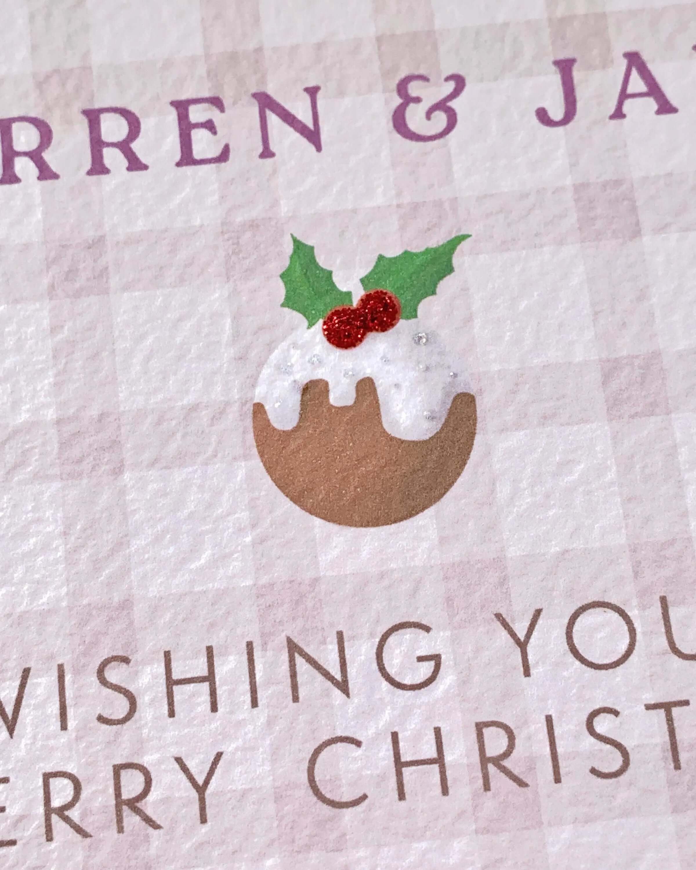 Personalised Christmas Pudding Card with Glitter