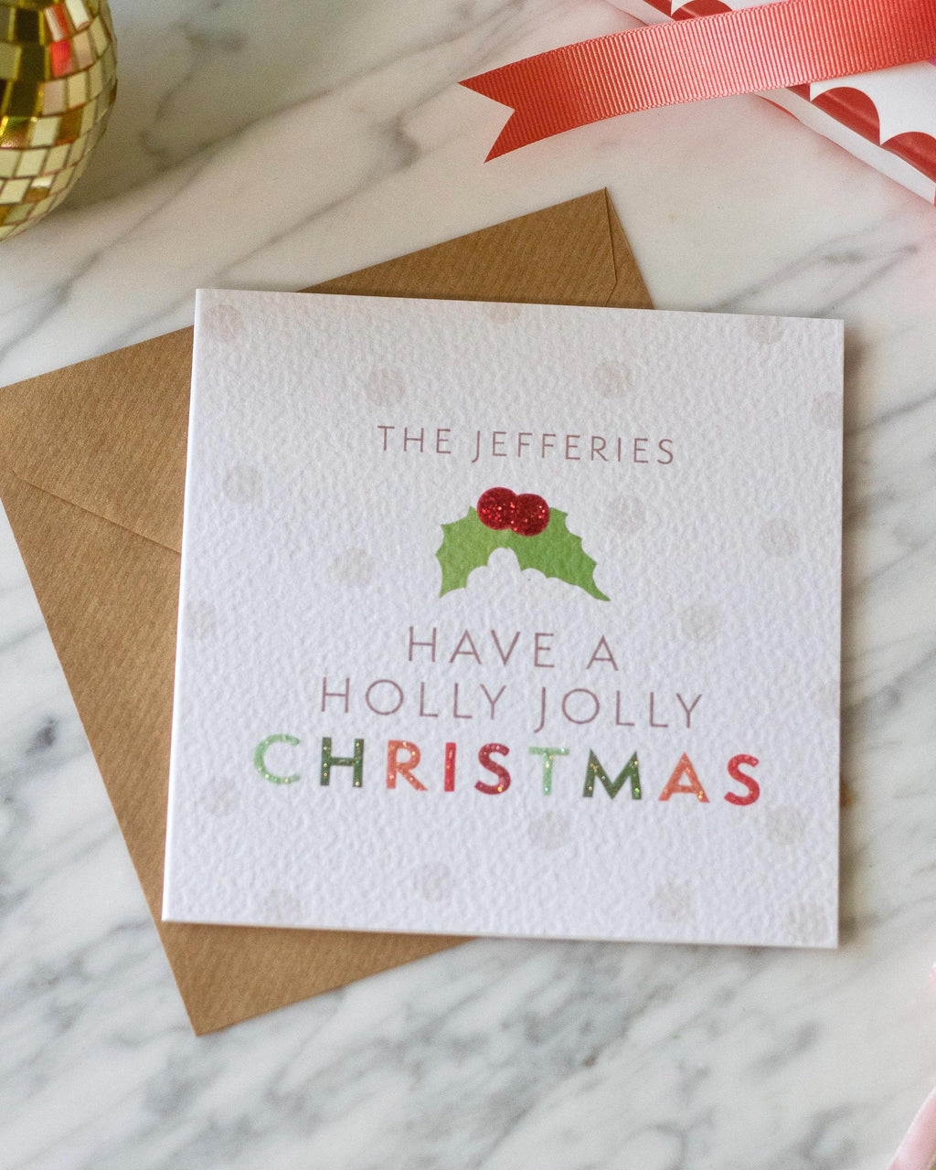 Personalised Holly Jolly Christmas Card with Glitter