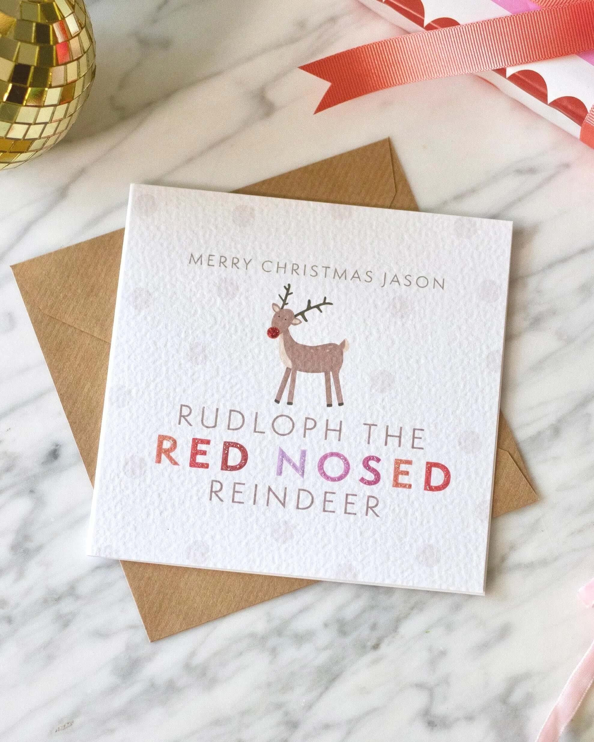 Personalised Rudolph Christmas Card with Glitter