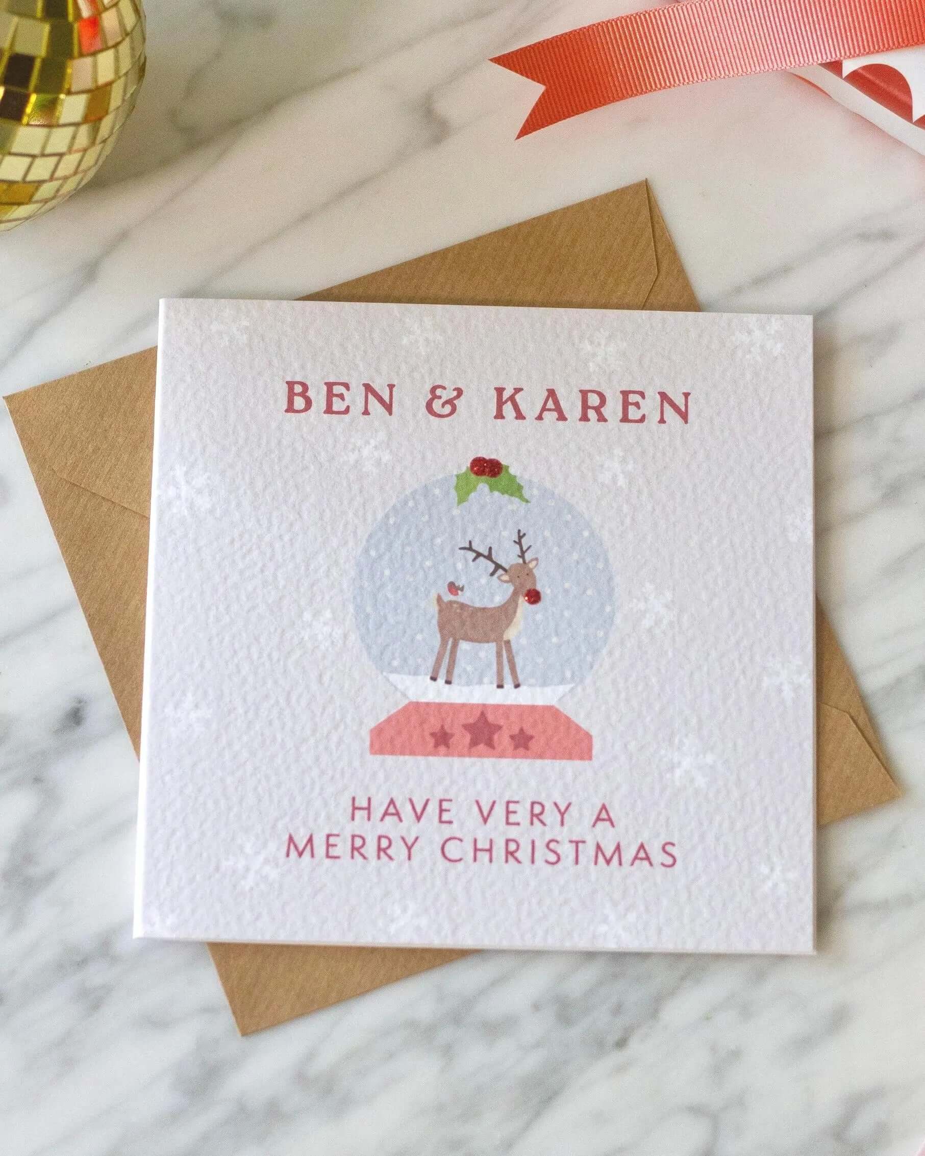 Personalised Snow Globe and Reindeer Christmas Card with Glitter