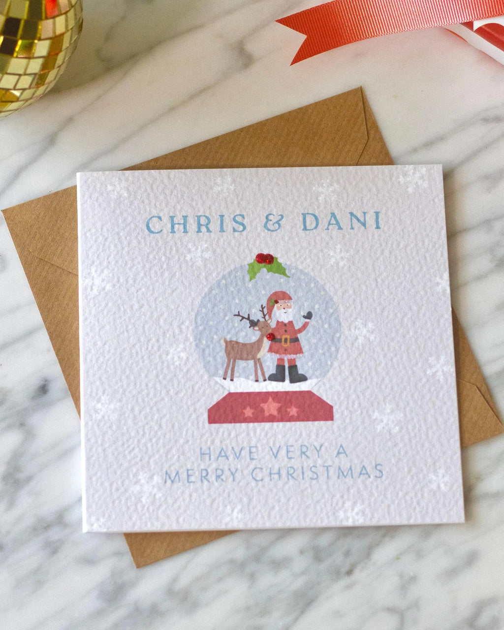 Personalised Father Christmas Snow Globe Card with Glitter