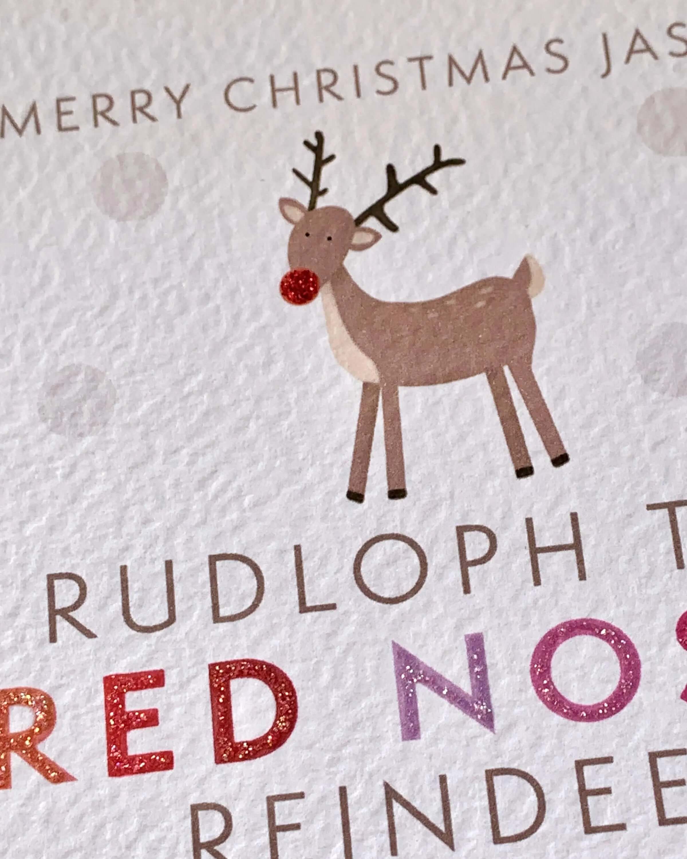Personalised Rudolph Christmas Card with Glitter