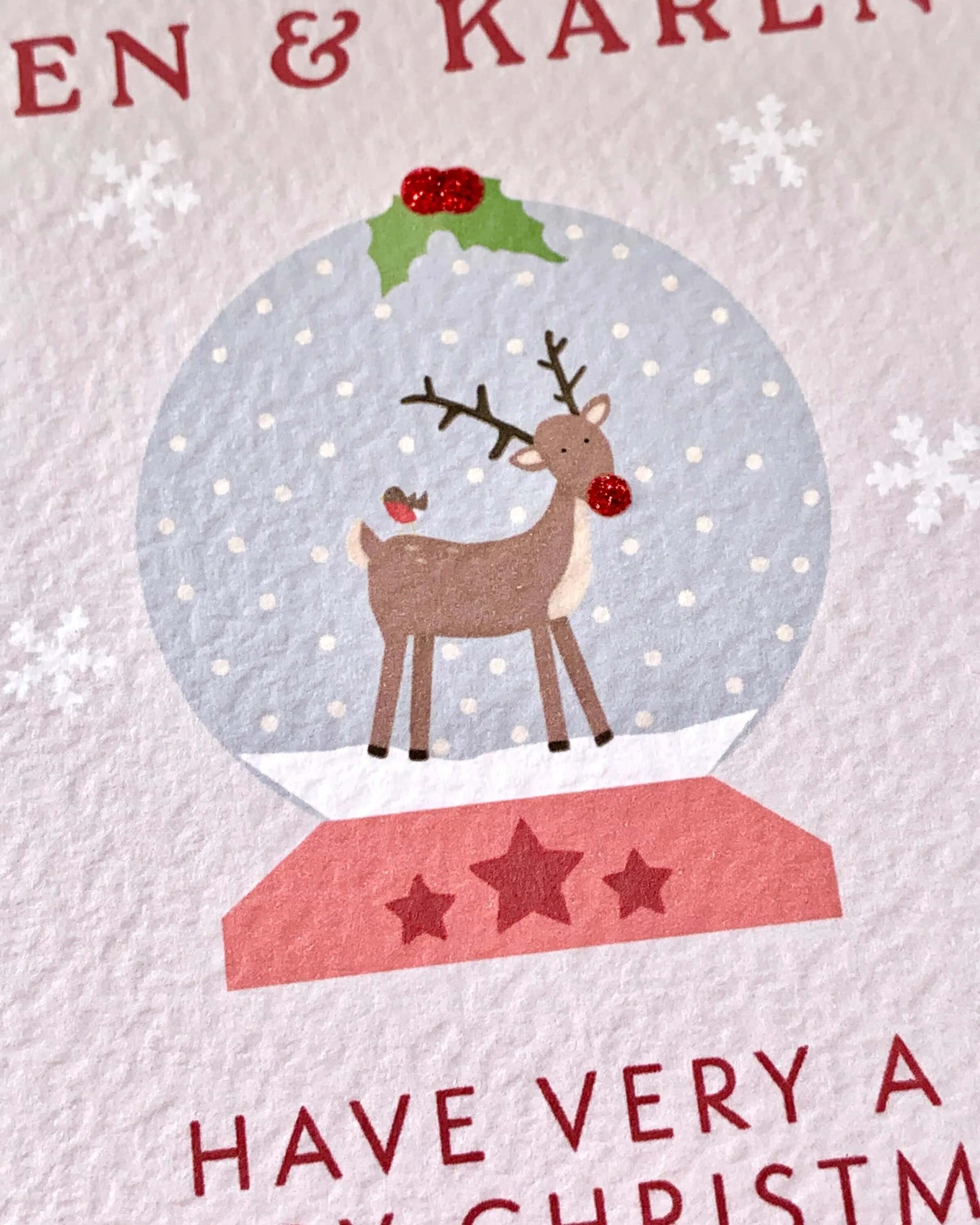 Personalised Snow Globe and Reindeer Christmas Card with Glitter