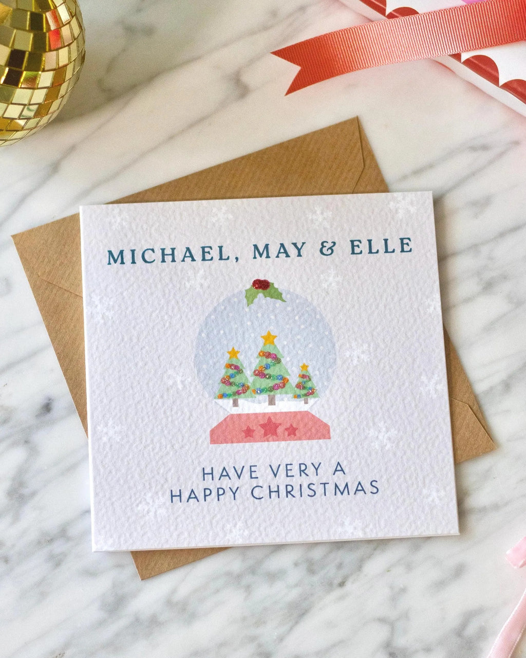 Personalised Snow Globe and Tree Christmas Card with Glitter