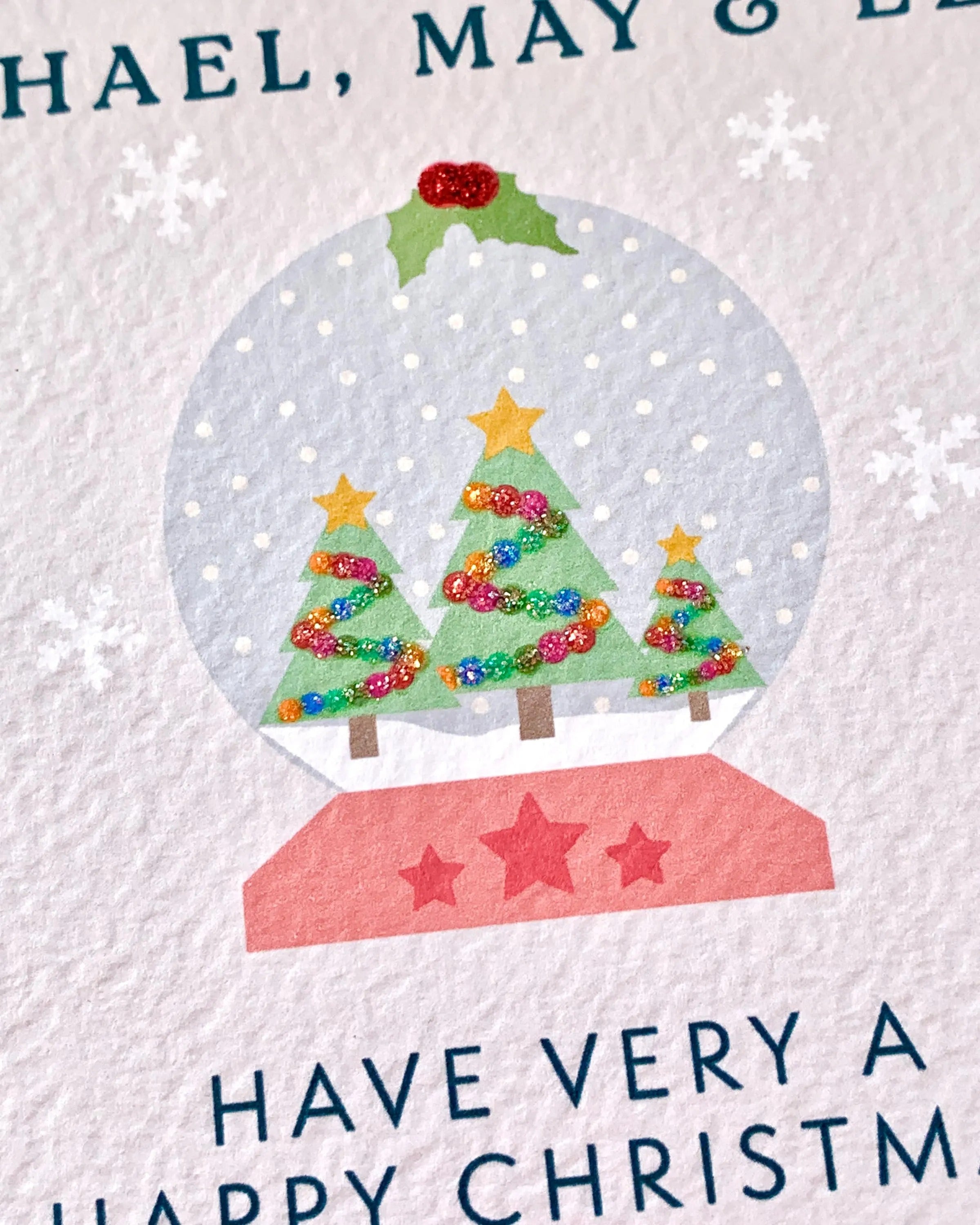 Personalised Snow Globe and Tree Christmas Card with Glitter