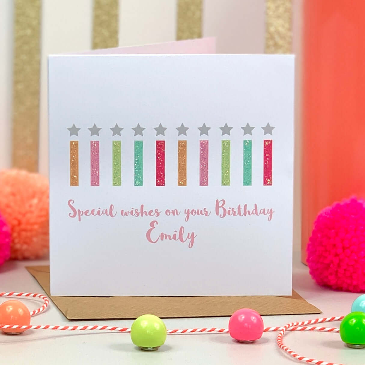 Happy Birthday Glitter Card with Colourful Candles